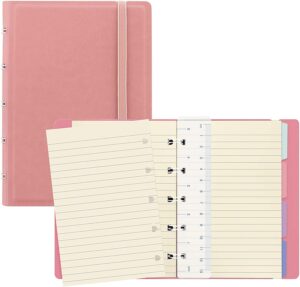 filofax b115064u refillable notebook, pocket size, 112 cream colored moveable pages. includes 4 indexes (one with pocket) a page marker and elastic closure, rose