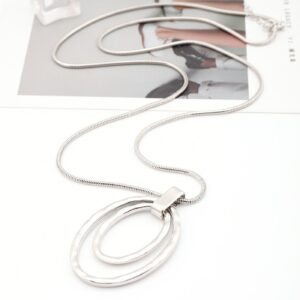 NVENF Long Sweater Chain Double Circle Pendant Necklace Bold Snake Chain Women Statement Necklace (Silver-tone)