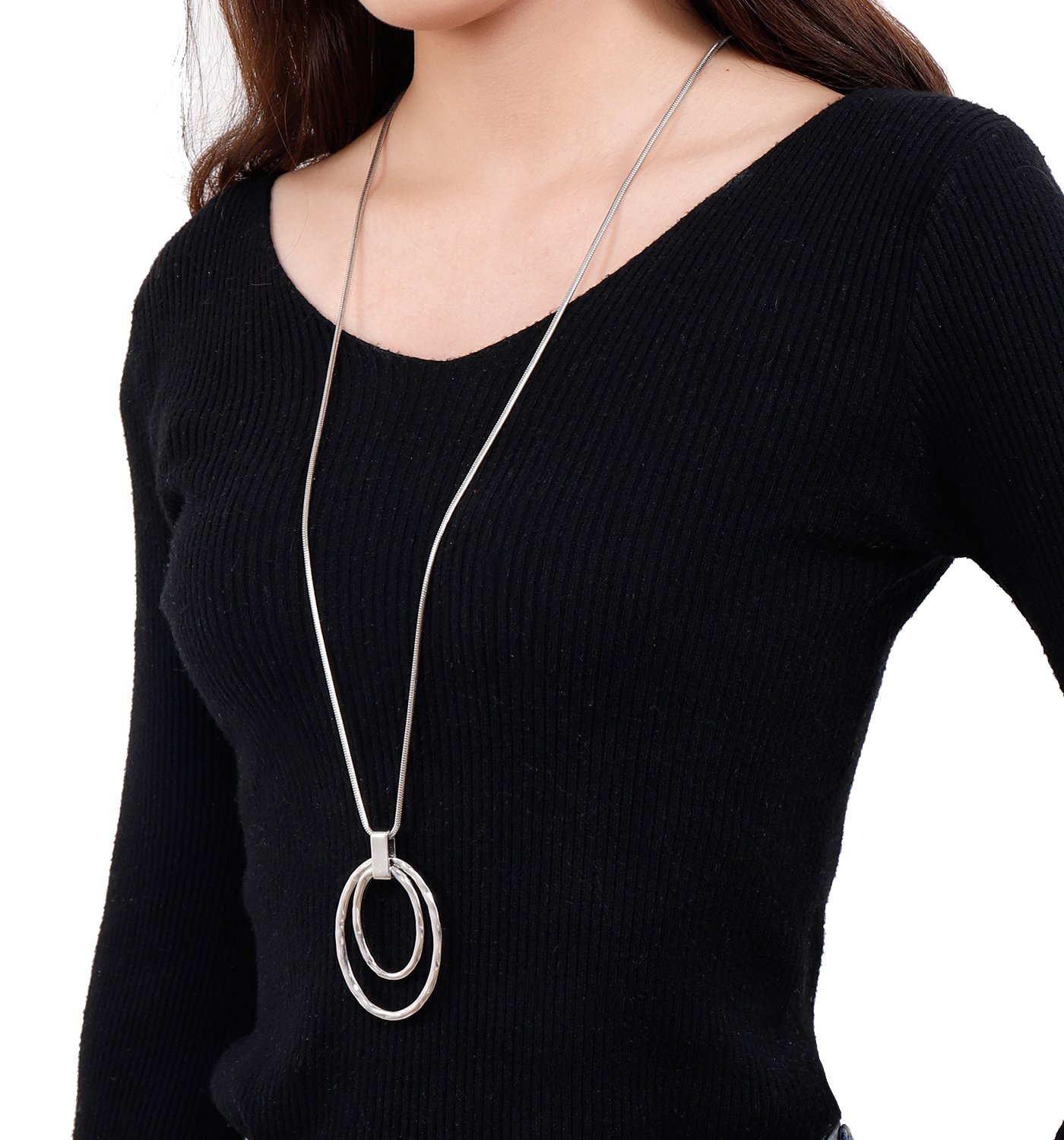 NVENF Long Sweater Chain Double Circle Pendant Necklace Bold Snake Chain Women Statement Necklace (Silver-tone)