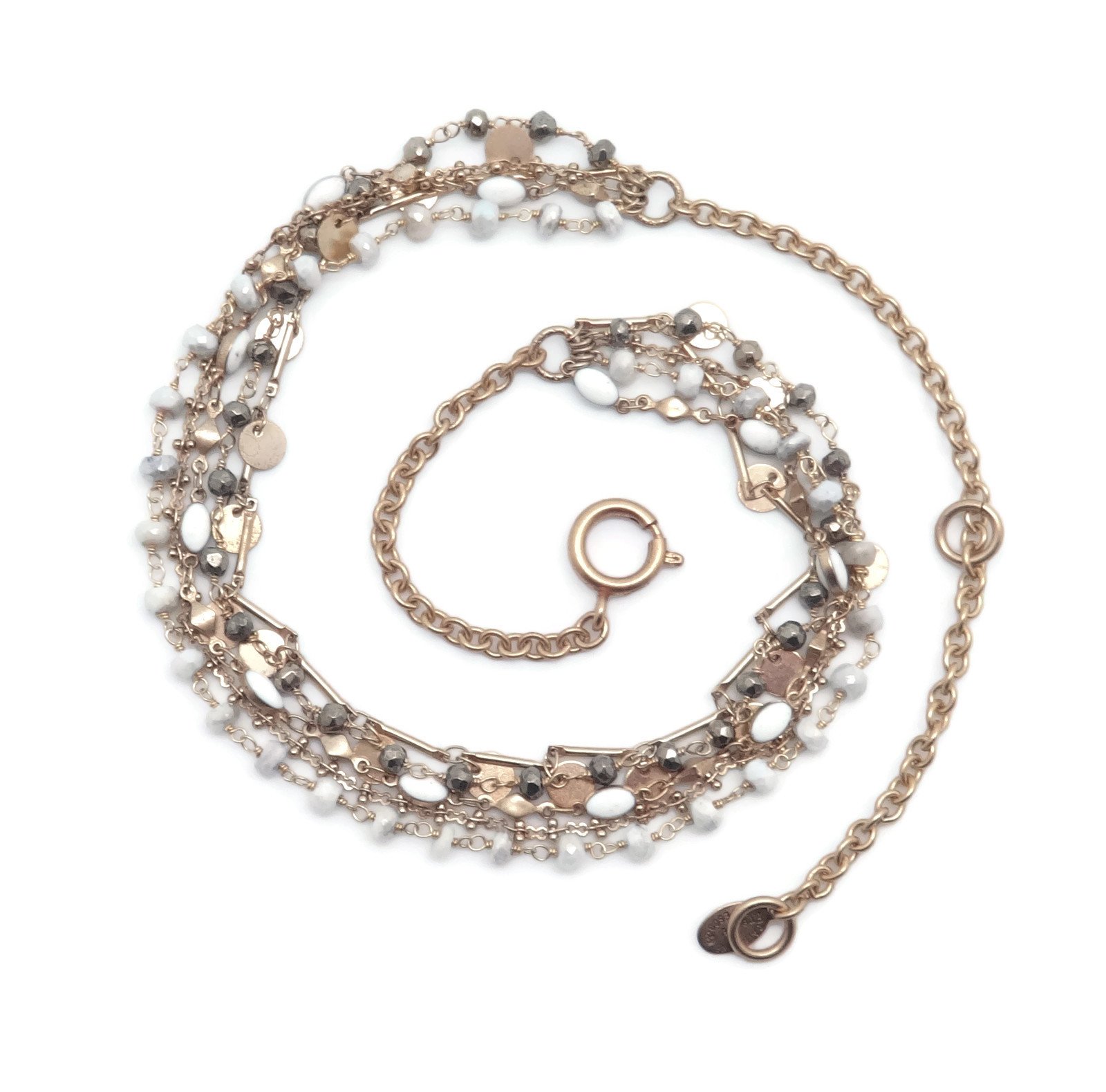 Catherine Popesco White & Grey Mineral Stone Mix Multi Strand Goldtone Necklace