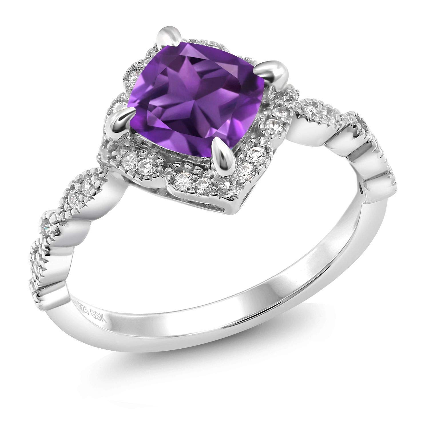 Gem Stone King 925 Sterling Silver Purple Amethyst and Moissanite Solitaire Ring For Women (1.74 Cttw, Cushion Cut 7MM, Gemstone, Available in Size 5, 6, 7, 8, 9)