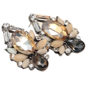 Art Deco Antique Vintage Retro Style Peach Amber Citrine Topaz Tan Grey Earth Tones Rhinestone Bridal Bridesmaid Wedding Prom Cluster Earrings