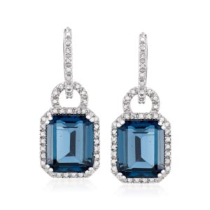 ross-simons 7.00 ct. t.w. london blue topaz and .18 ct. t.w. diamond hoop drop earrings in sterling silver