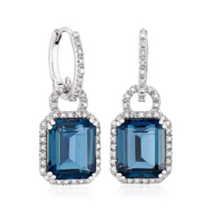 Ross-Simons 7.00 ct. t.w. London Blue Topaz and .18 ct. t.w. Diamond Hoop Drop Earrings in Sterling Silver