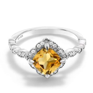 Gem Stone King 925 Sterling Silver Yellow Citrine and Moissanite Solitaire Ring For Women (1.74 Cttw, Cushion Cut 7MM, Gemstone, Available in Size 5, 6, 7, 8, 9)