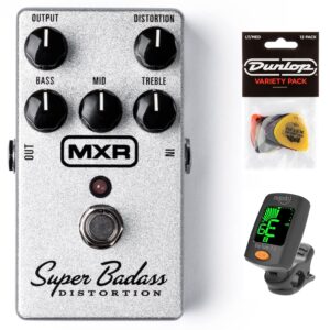 mxr m75 super badass distortion effects pedal bundle w/ chromatic clip-on tuner and dunlop pick pack