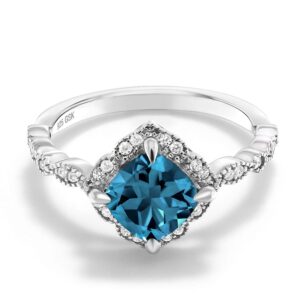 Gem Stone King 925 Sterling Silver London Blue Topaz and Moissanite Solitaire Engagement Ring For Women | 2.19 Cttw | Cushion Cut 7MM | Gemstone Birthstone | Available in Size 5, 6, 7, 8, 9