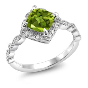 Gem Stone King 2.04 Cttw Green Peridot and Moissanite Solitaire Ring For Women In 925 Sterling Silver | Cushion Cut 7MM | Gemstone Birthstone | Available in Size 5, 6, 7, 8, 9