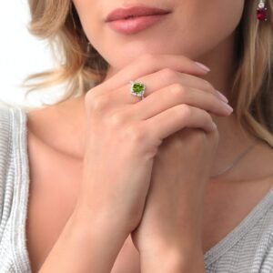 Gem Stone King 2.04 Cttw Green Peridot and Moissanite Solitaire Ring For Women In 925 Sterling Silver | Cushion Cut 7MM | Gemstone Birthstone | Available in Size 5, 6, 7, 8, 9