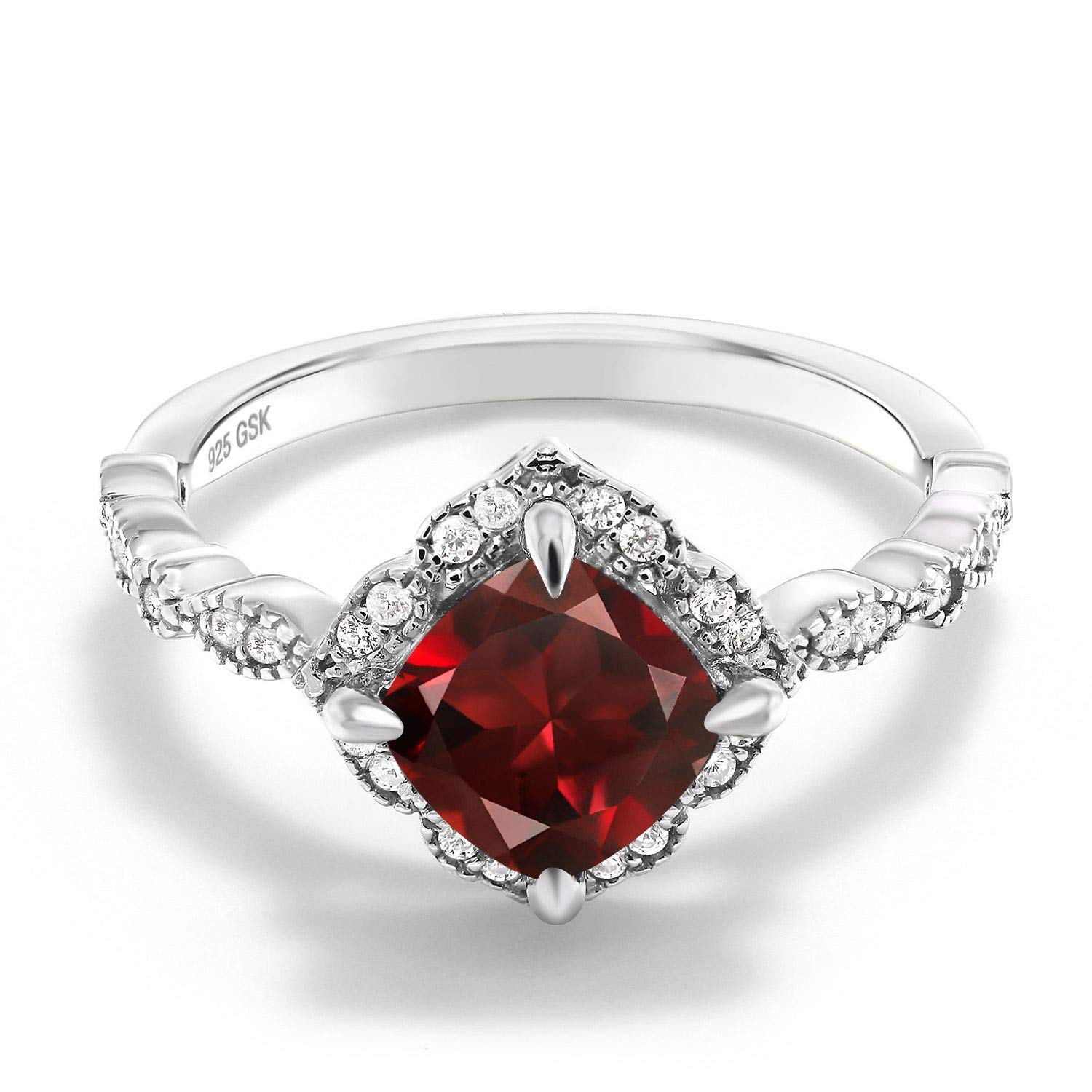 Gem Stone King 925 Sterling Silver Red Garnet and Moissanite Solitaire Ring For Women (2.19 Cttw, Cushion Cut 7MM, Gemstone, Available in Size 5, 6, 7, 8, 9)