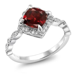 Gem Stone King 925 Sterling Silver Red Garnet and Moissanite Solitaire Ring For Women (2.19 Cttw, Cushion Cut 7MM, Gemstone, Available in Size 5, 6, 7, 8, 9)