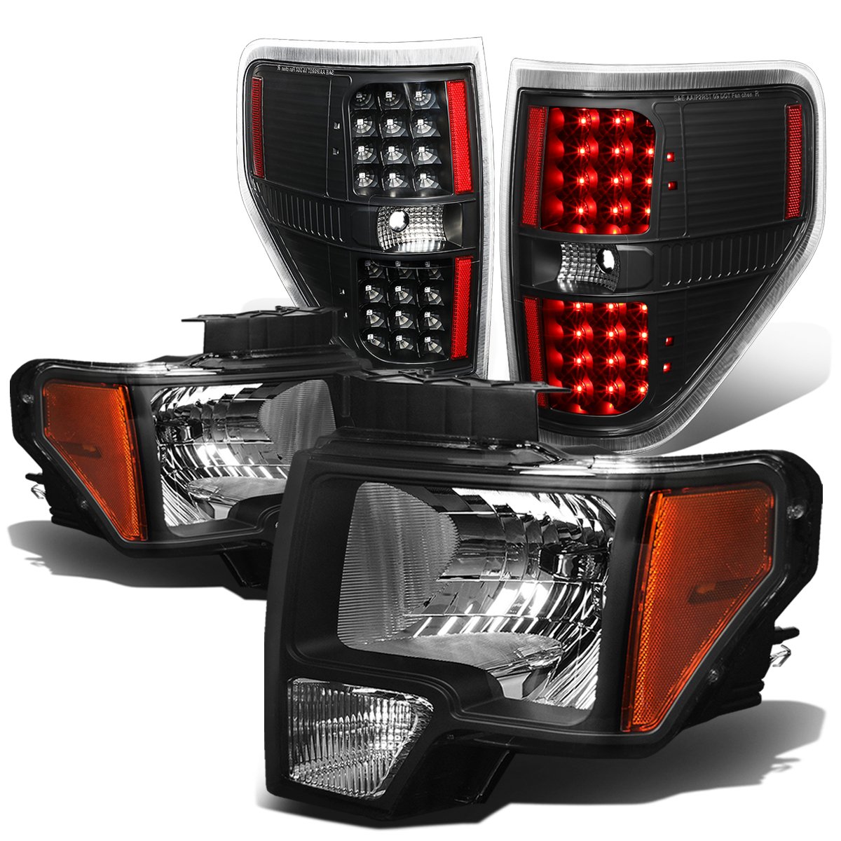 Auto Dynasty Compatible with 09-14 Ford F150 Pair Black Housing Amber Corner Headlight+Full LED Tail Lamp