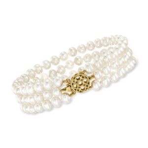 ross-simons 5-5.5mm cultured pearl 3-strand bracelet with 14kt yellow gold. 8 inches