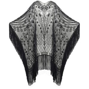 BABEYOND 1920s Sequin Beaded Shawl Wraps Fringed Evening Cape Scarf for Wedding (Black with Black Sequins)