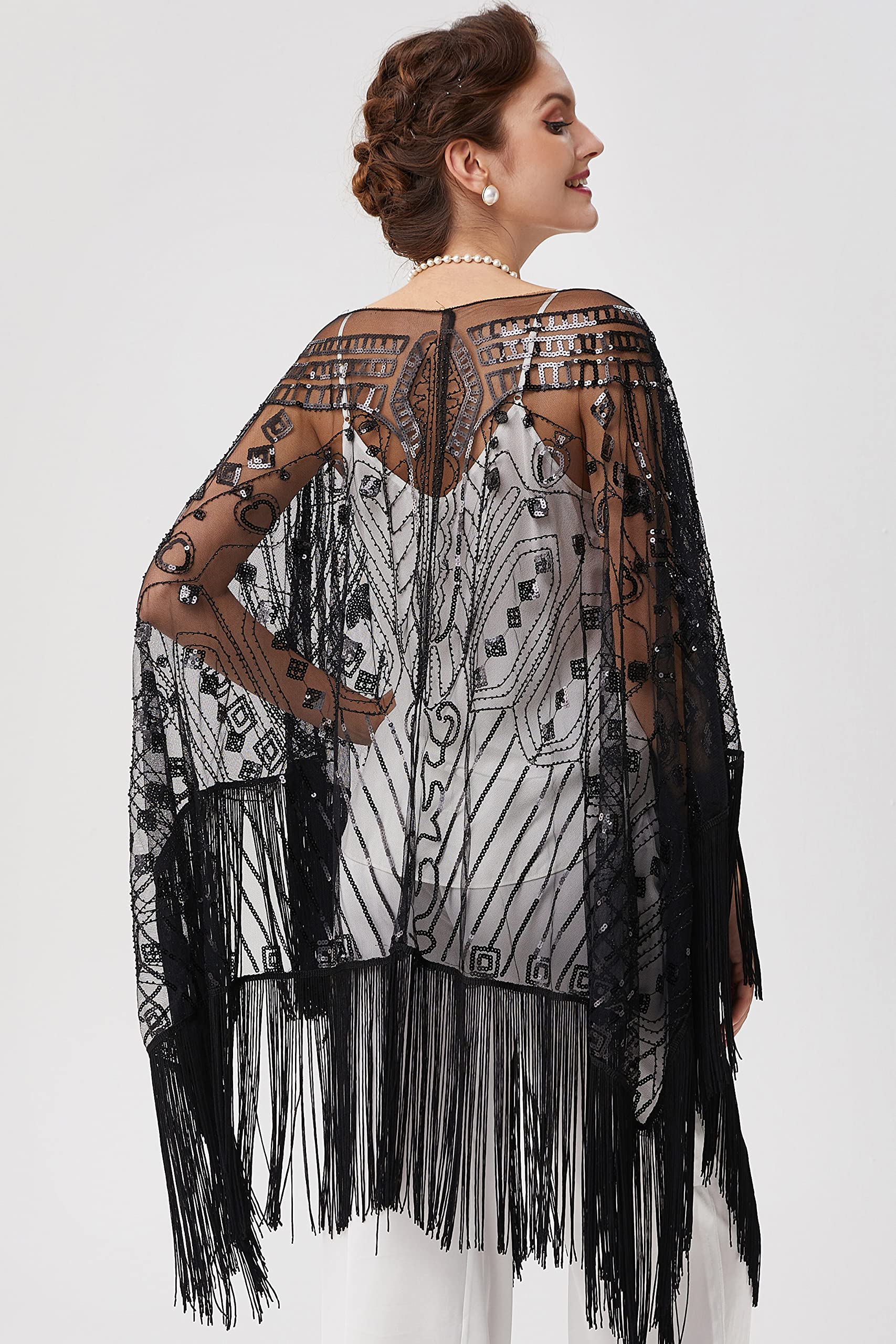 BABEYOND 1920s Sequin Beaded Shawl Wraps Fringed Evening Cape Scarf for Wedding (Black with Black Sequins)