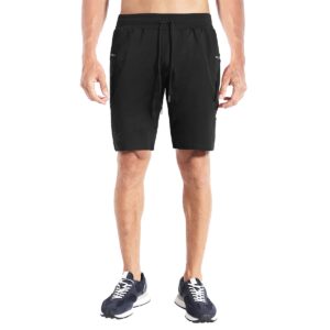 BROKIG Men's Sidelock Gym Workout Running Sport Shorts with Zipper Pockets (Medium, Black)