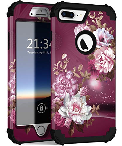 Hocase for iPhone 8 Plus Case, iPhone 7 Plus Case, Heavy Duty Shockproof Protection Hard Plastic+Silicone Rubber Hybrid Protective Case for iPhone 8 Plus/iPhone 7 Plus - Royal Purple Flowers