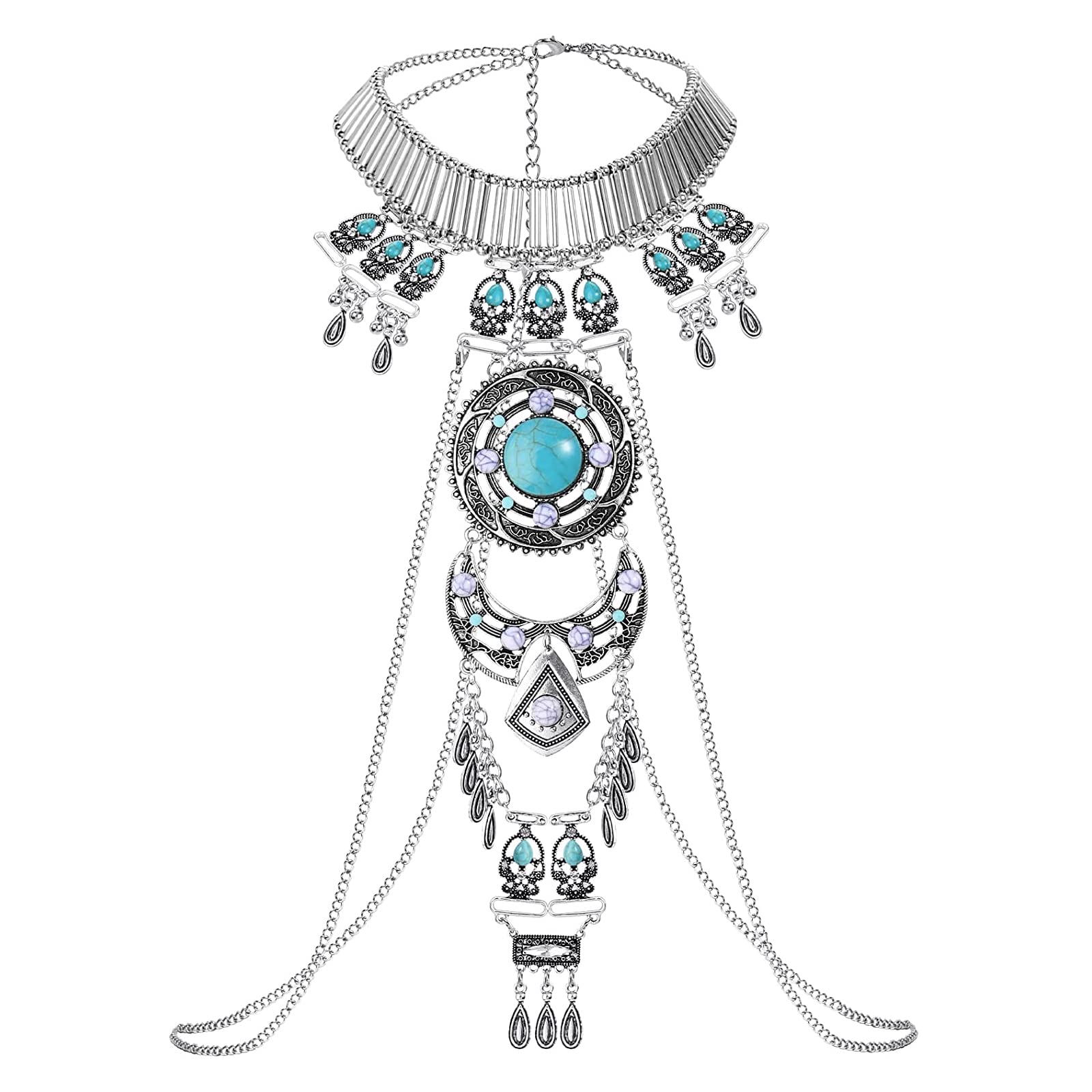 Boho Statement Turquoise Necklace Crossover Harness Bikini Waist Belly Sexy Body Chains for Women (Silver)