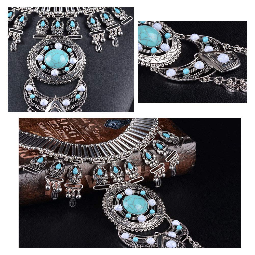 Boho Statement Turquoise Necklace Crossover Harness Bikini Waist Belly Sexy Body Chains for Women (Silver)