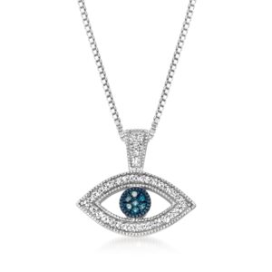 ross-simons 0.10 ct. t.w. blue and white diamond evil eye pendant necklace in sterling silver. 18 inches