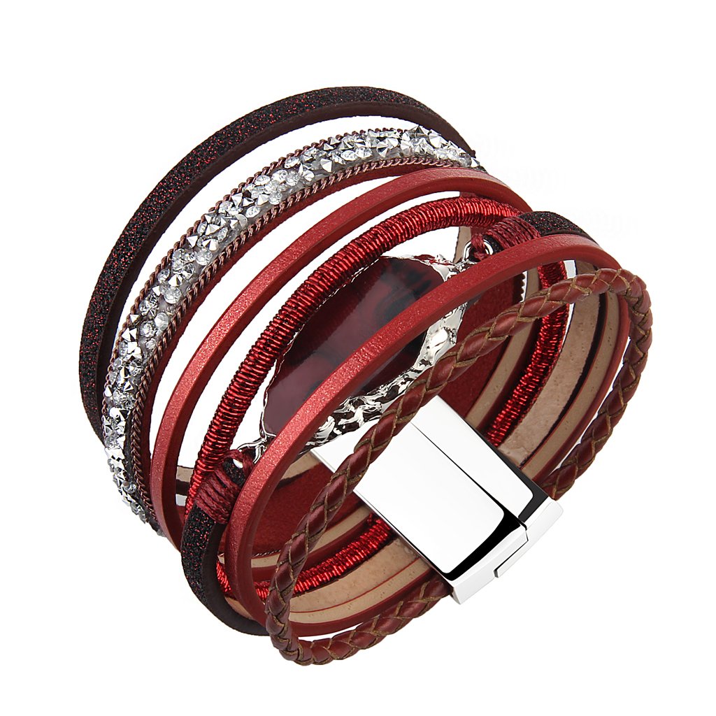 COOLLA Braided Wrap Bracelet Agate Stone Crystal Leather Cuff Bangle Women Bracelet (Red leather bracelet)