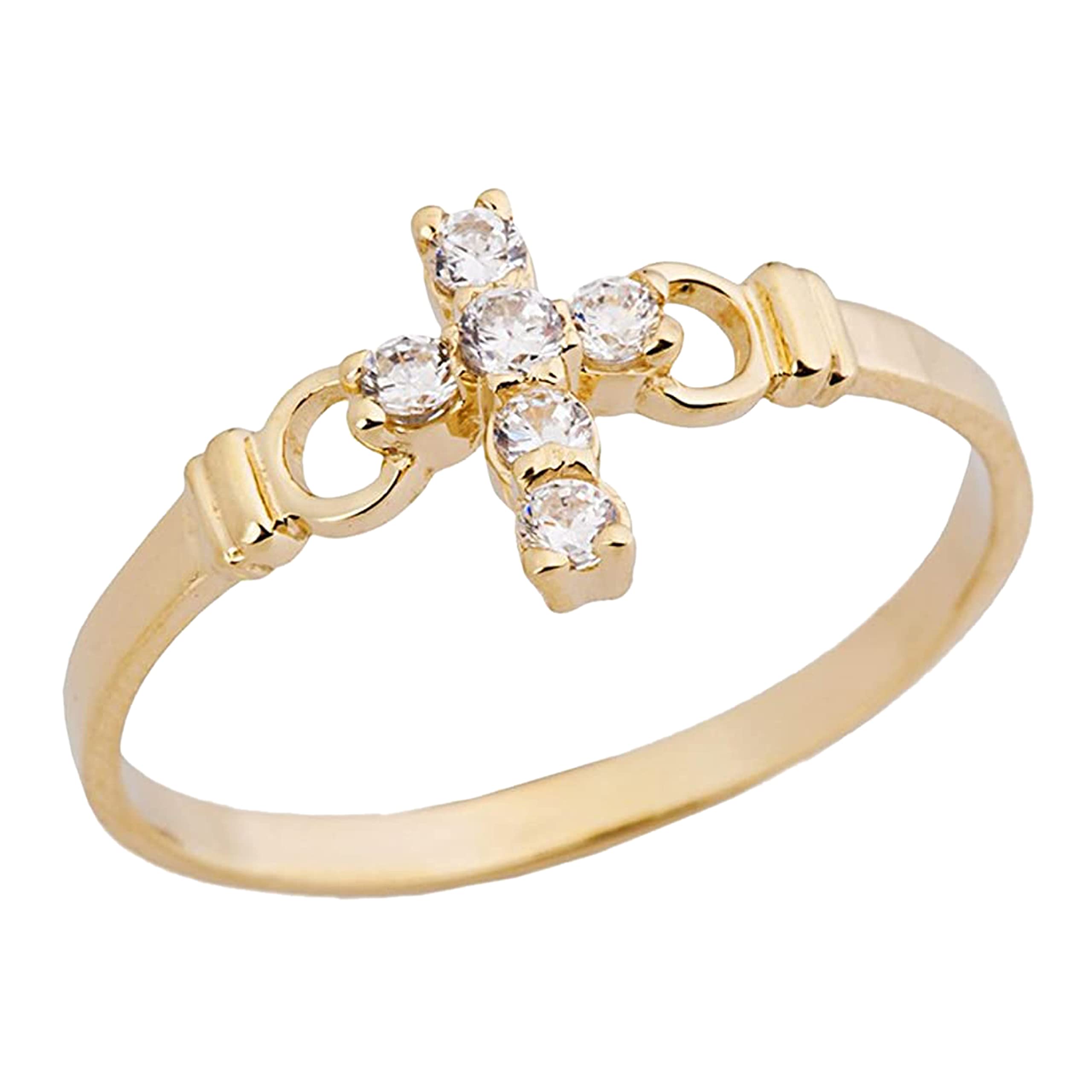 Religious Jewelry Elegant 14k Yellow Gold CZ Christian Cross Ring (Size 7.5)