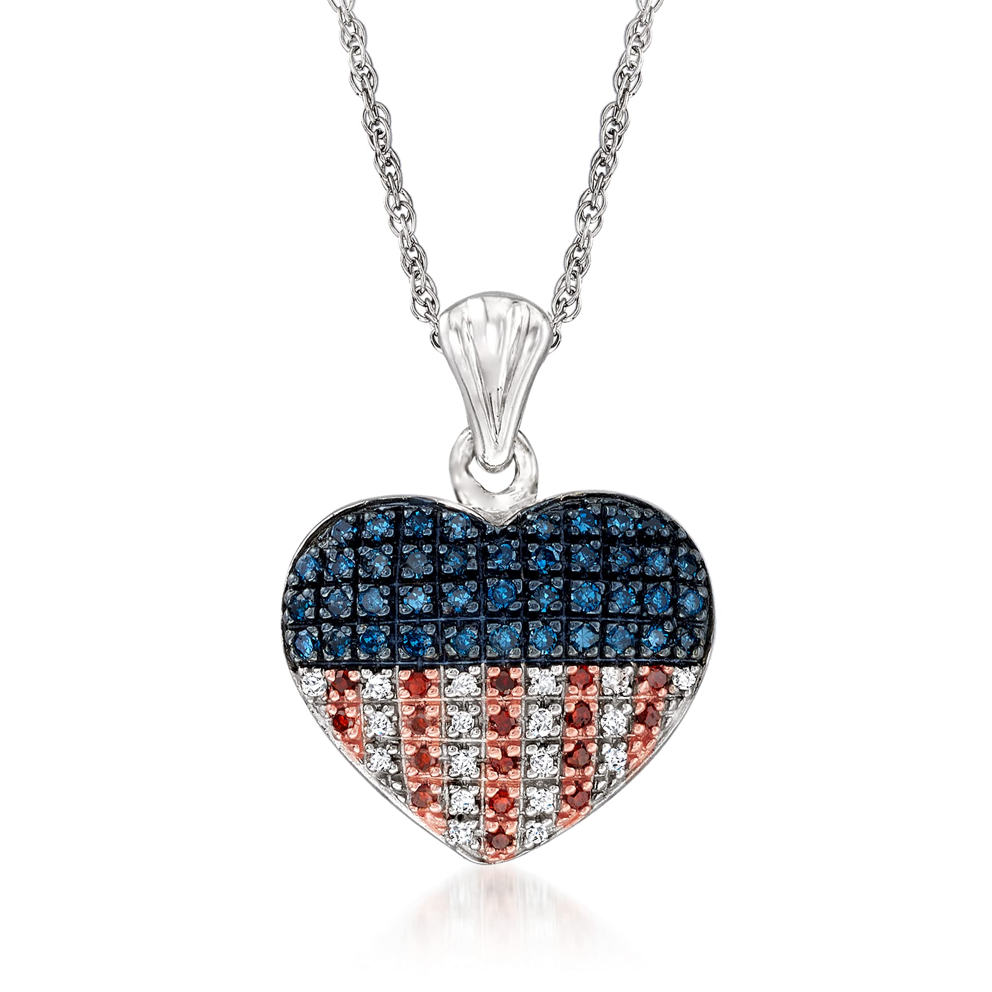 Ross-Simons 0.33 ct. t.w. Red, White and Blue Diamond American Flag Heart Pendant Necklace in Sterling Silver. 18 inches