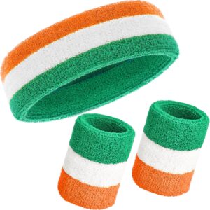 WILLBOND 3 Pcs Sweatbands Set 80s Neon Sports Headband Tennis Striped Sweat Band Paris Sports Competitions Sports Games for Men Women Kids Party Supplies(Orange, White and Green,Striped Style)