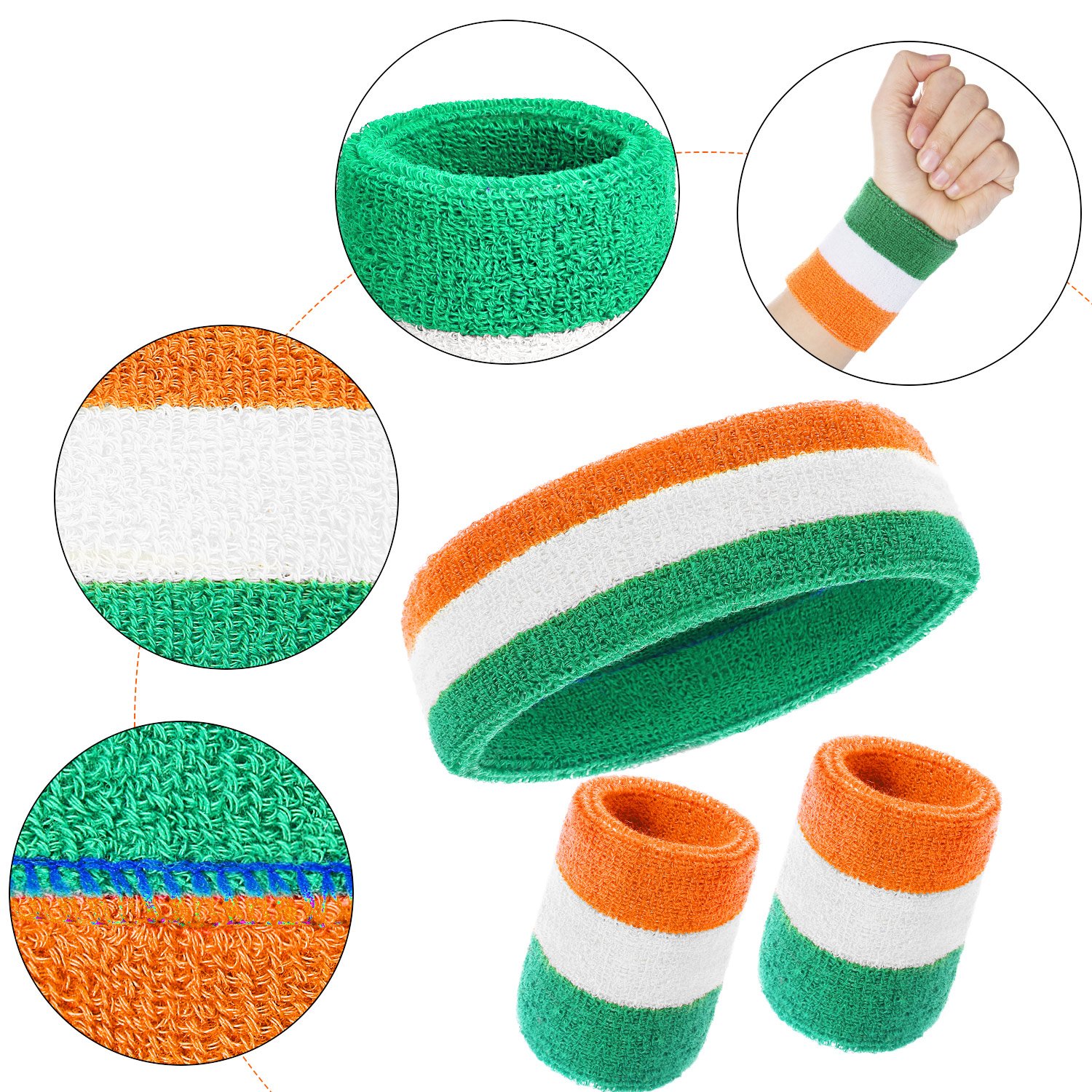 WILLBOND 3 Pcs Sweatbands Set 80s Neon Sports Headband Tennis Striped Sweat Band Paris Sports Competitions Sports Games for Men Women Kids Party Supplies(Orange, White and Green,Striped Style)