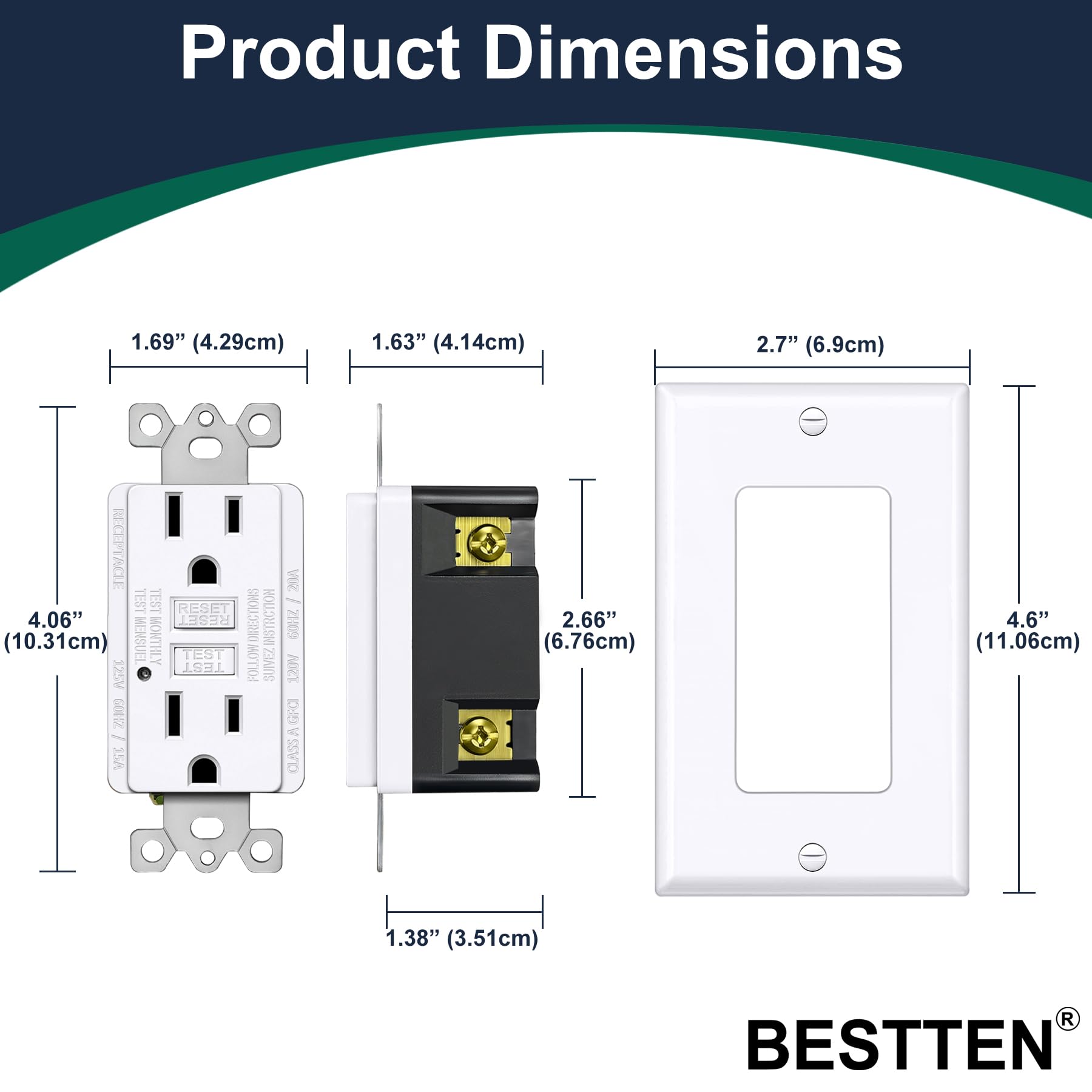 BESTTEN 10 Pack 15 Amp GFCI Outlet, GFI Receptacle Outlet with LED Indicator, Ground Fault Circuit Interrupter, Non-Tamper-Resistant, Wallplate Included, ETL Certified, White