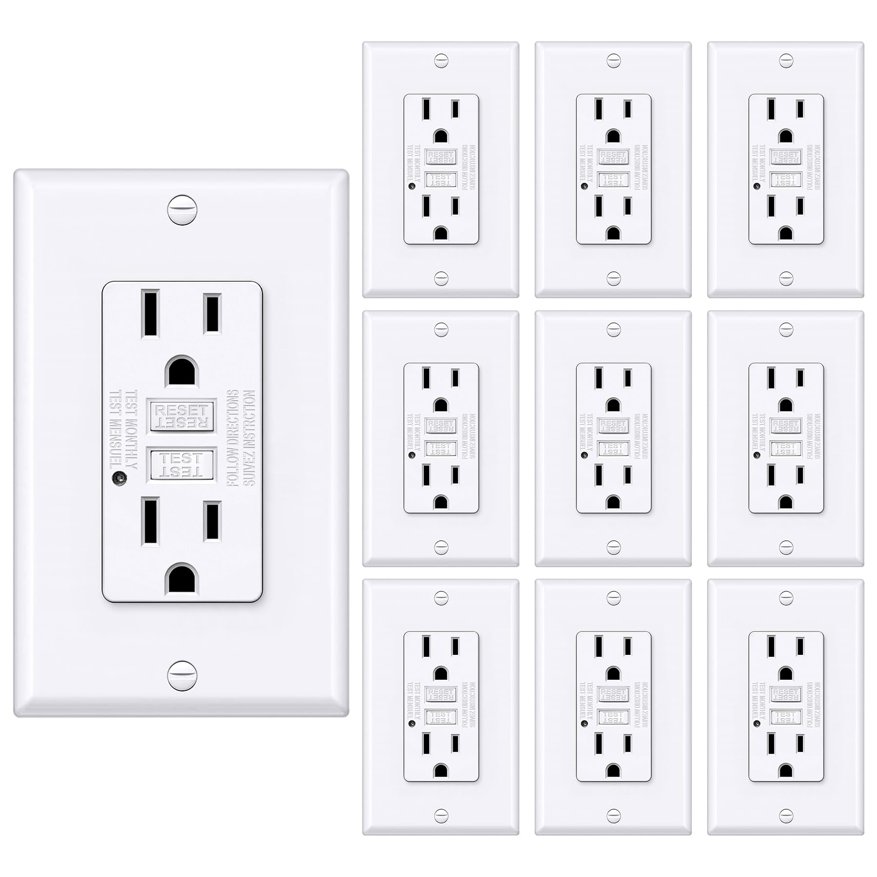 BESTTEN 10 Pack 15 Amp GFCI Outlet, GFI Receptacle Outlet with LED Indicator, Ground Fault Circuit Interrupter, Non-Tamper-Resistant, Wallplate Included, ETL Certified, White