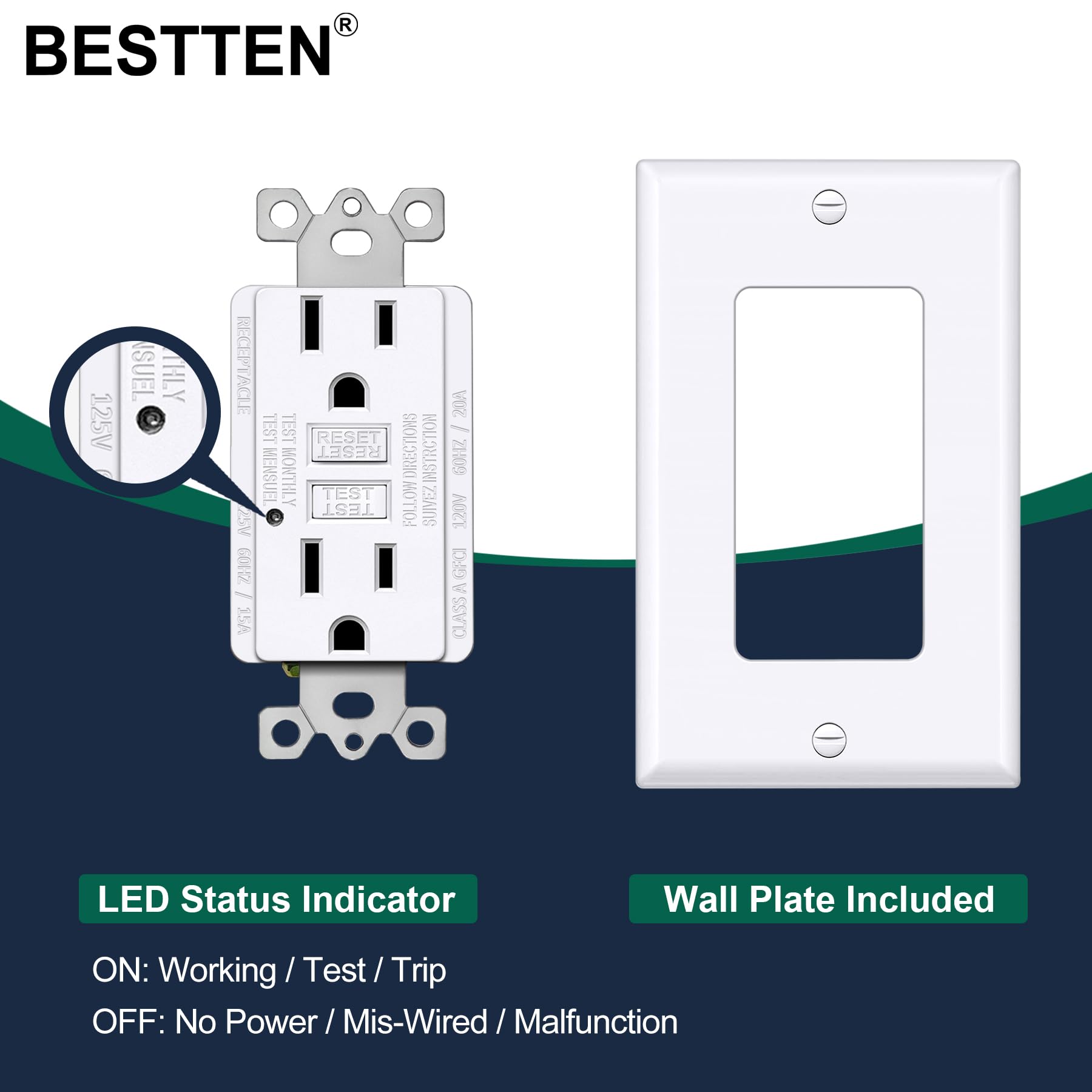 BESTTEN 10 Pack 15 Amp GFCI Outlet, GFI Receptacle Outlet with LED Indicator, Ground Fault Circuit Interrupter, Non-Tamper-Resistant, Wallplate Included, ETL Certified, White