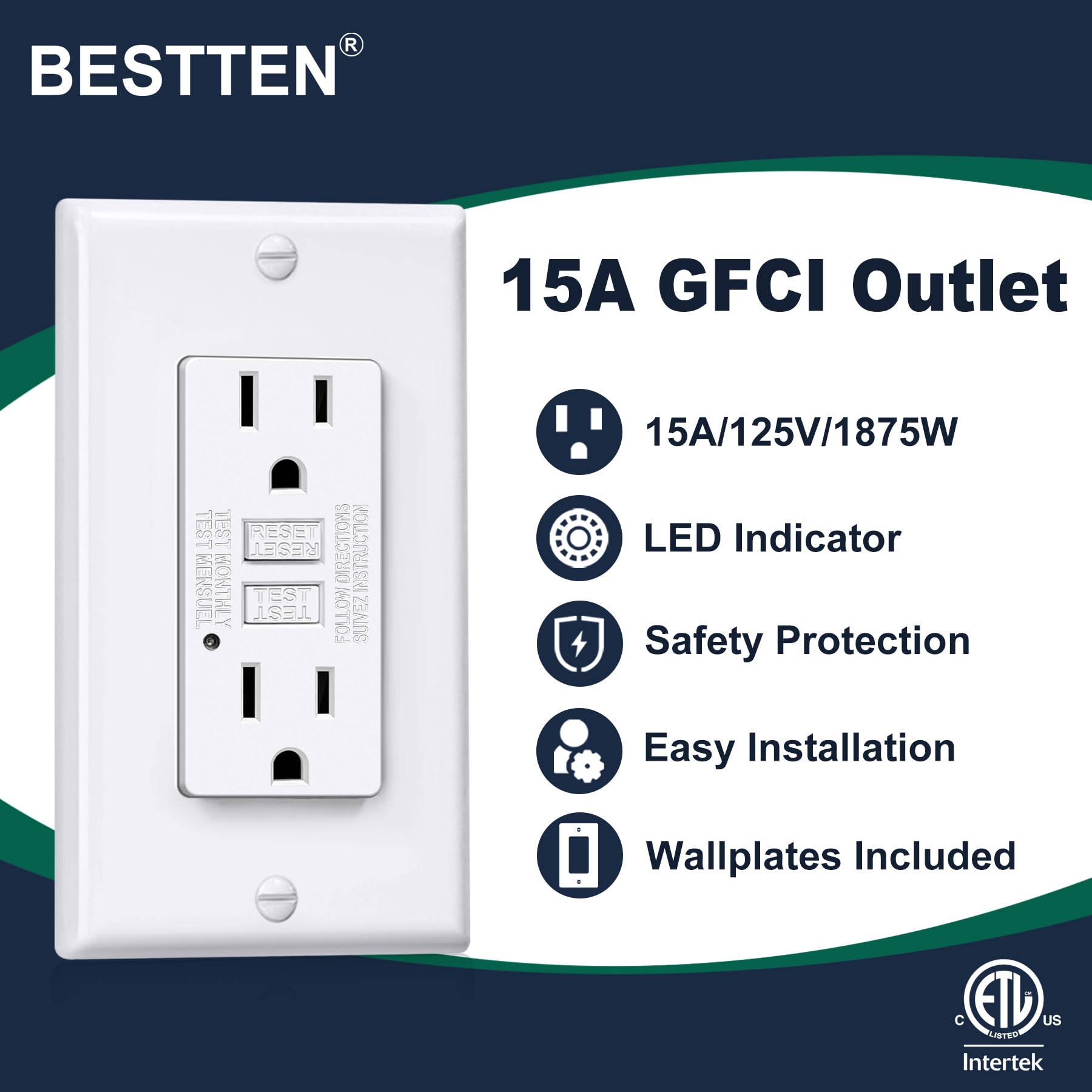 BESTTEN 10 Pack 15 Amp GFCI Outlet, GFI Receptacle Outlet with LED Indicator, Ground Fault Circuit Interrupter, Non-Tamper-Resistant, Wallplate Included, ETL Certified, White