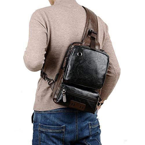 SDIYABOLO Small Black Sling Crossbody Backpack Shoulder Bag for Men Women Vintage PU Leather CrossBody One Strap Casual Sling Backpack Cycling USB Charger