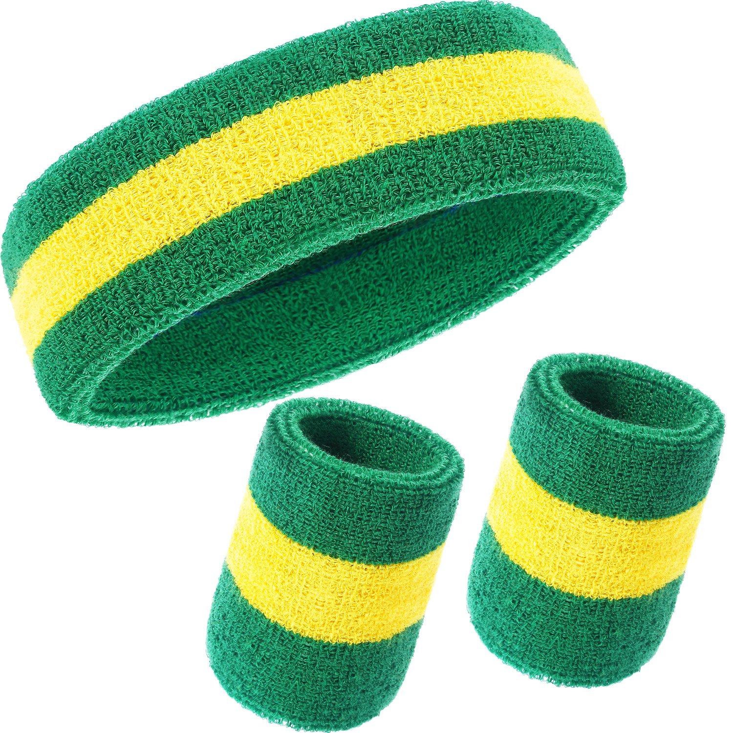 WILLBOND 3 Pcs Sweatbands Set 80s Neon Sports Headband Tennis Striped Sweat Band Paris Sports Competitions Sports Games for Men Women Kids Party Supplies(Green and Yellow,Striped Style)