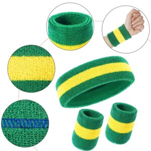 WILLBOND 3 Pcs Sweatbands Set 80s Neon Sports Headband Tennis Striped Sweat Band Paris Sports Competitions Sports Games for Men Women Kids Party Supplies(Green and Yellow,Striped Style)