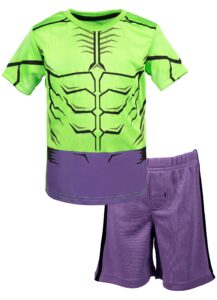 marvel avengers hulk little boys' athletic t-shirt & mesh shorts set, green/purple (5)