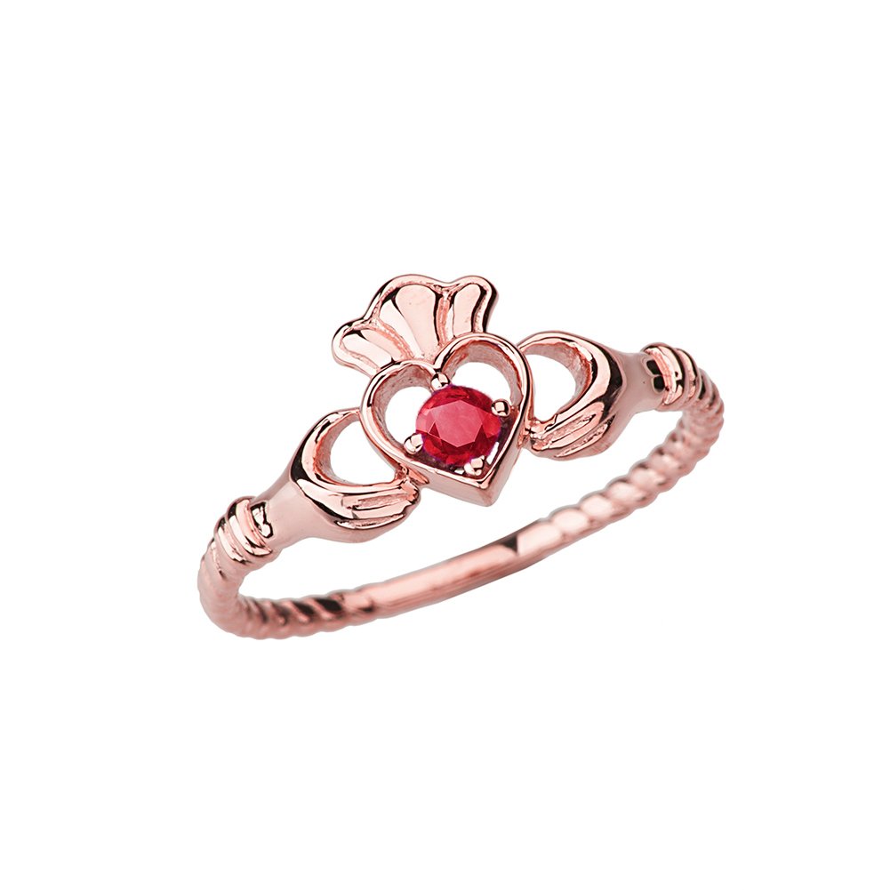 Dainty 10k Rose Gold Open Heart Solitaire Ruby Rope Claddagh Promise Ring (Size 6.5)