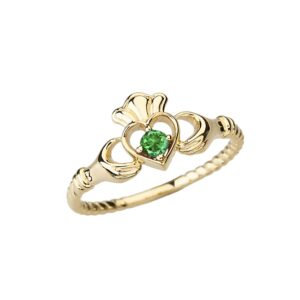 Dainty 10k Yellow Gold Open Heart Solitaire Emerald Rope Claddagh Promise Ring (Size 8.5)