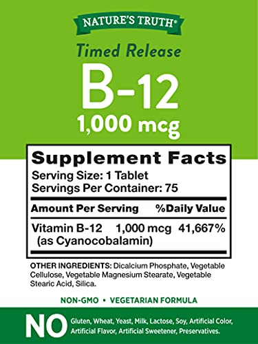 B12 Vitamin Supplement | 1000 mcg | 75 Timed Release Tablets | Non-GMO & Gluten Free | Nature's Truth