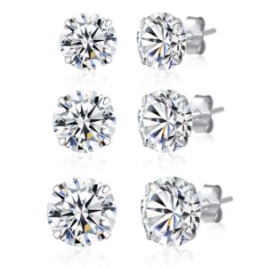 3 Pairs 925 Sterling Silver Cubic Zirconia Stud Earrings 6mm-7mm-8mm Set Men Women