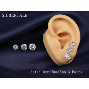 3 Pairs 925 Sterling Silver Cubic Zirconia Stud Earrings 6mm-7mm-8mm Set Men Women