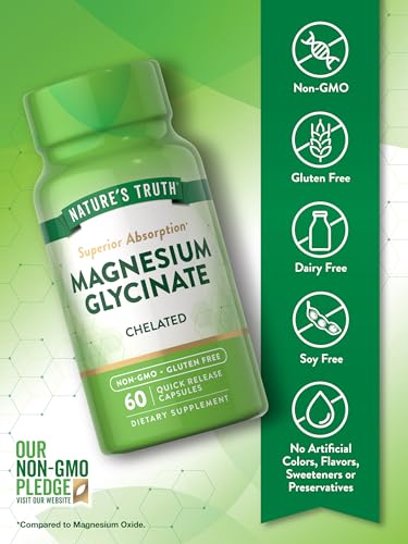 Magnesium Glycinate Capsules | 200mg | 60 Count | Chelated Superior Absorption Formula | Non-GMO & Gluten Free Supplement | by Nature's Truth