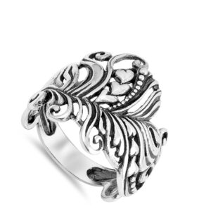 Oxidized Heart Filigree Leaf Cocktail Ring .925 Sterling Silver Band Size 10