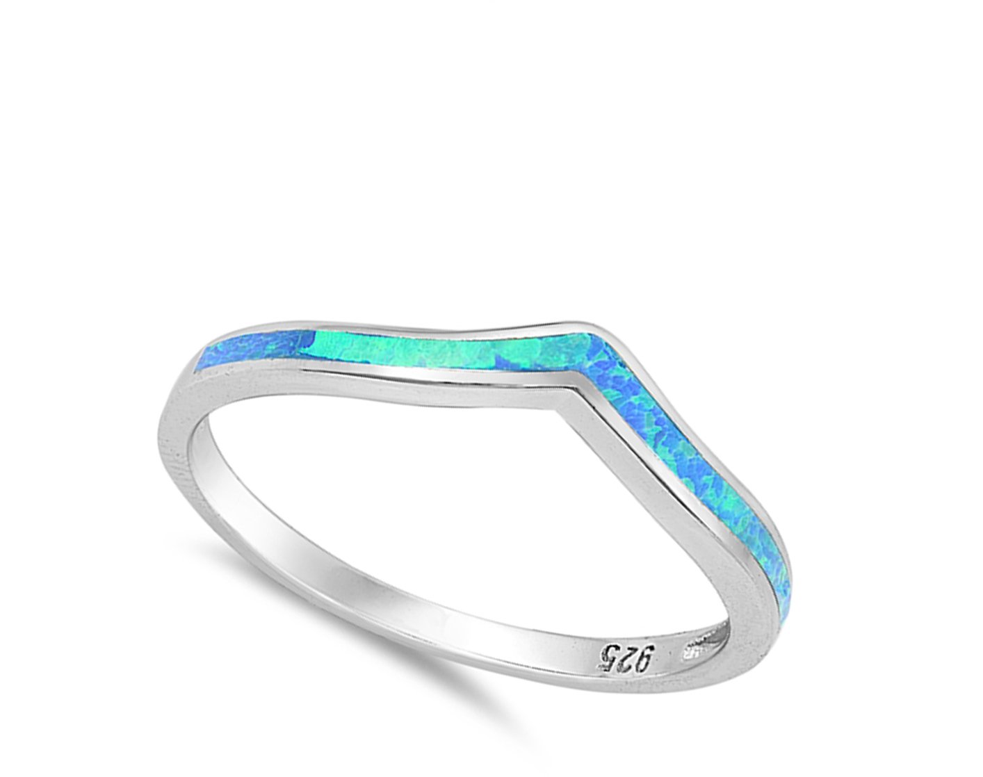 Blue Simulated Opal Chevron Pointed Modern Boho Sterling Silver Ring Size 9