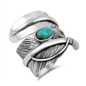 Simulated Turquoise Twisted Feather Boho Wide Nature Ring Sterling Silver Band Size 13