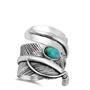 Simulated Turquoise Twisted Feather Boho Wide Nature Ring Sterling Silver Band Size 13