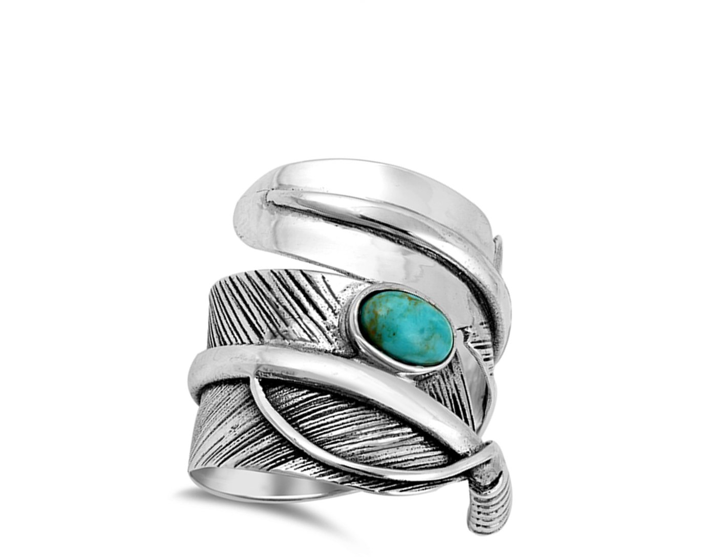 Simulated Turquoise Twisted Feather Boho Wide Nature Ring Sterling Silver Band Size 13