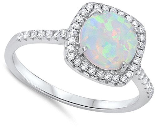 Round White Simulated Opal Micro Pave Halo Ring .925 Sterling Silver Band Size 11