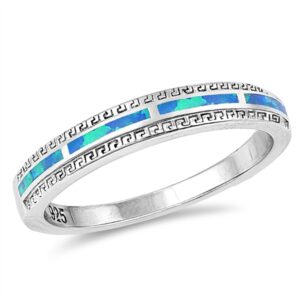 blue simulated opal greek key inlay wedding ring sterling silver band size 9